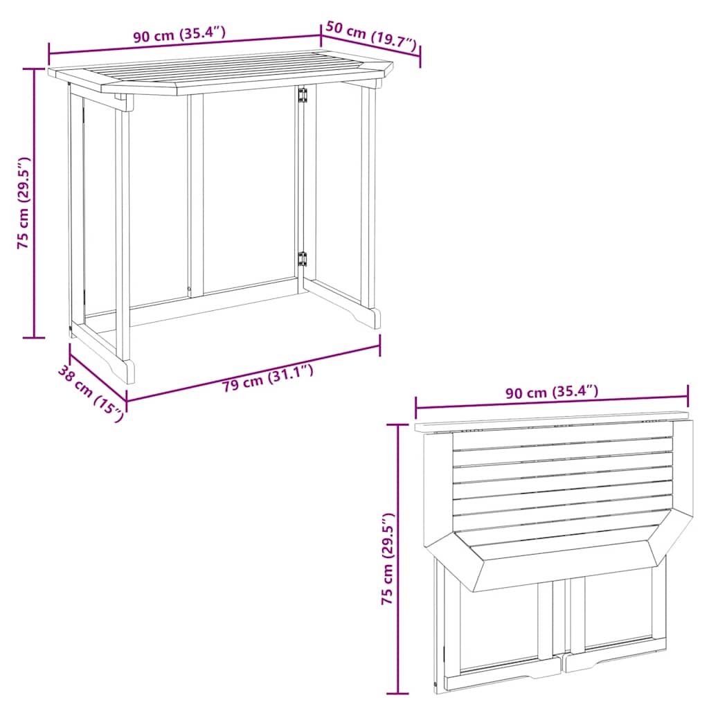 Bistro Table 90x50x75 cm Solid Acacia Wood